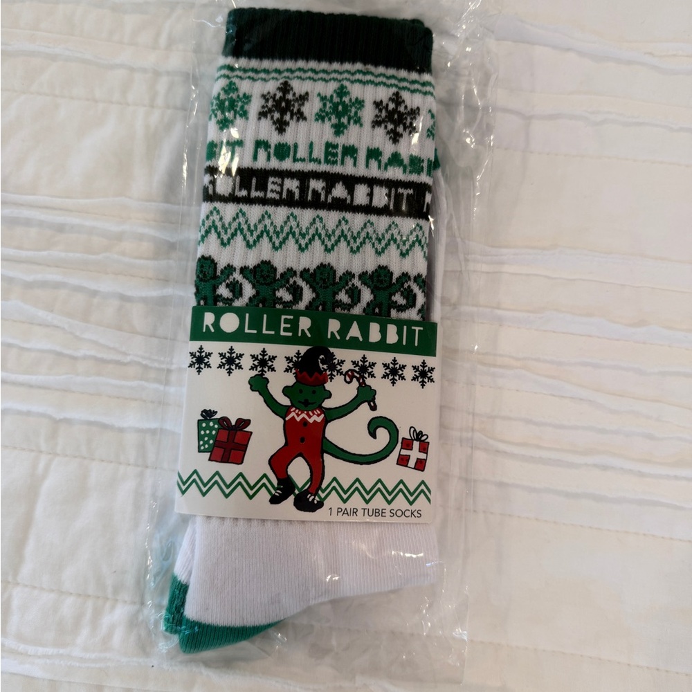 NWT Roller Rabbit Green and White Monkey Socks OS